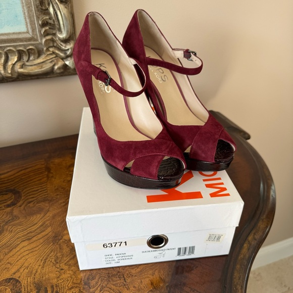 Michael Kors | Padova Platform Heels  Burgundy Suede Patent Size 10 New in Box!! - Picture 1 of 14